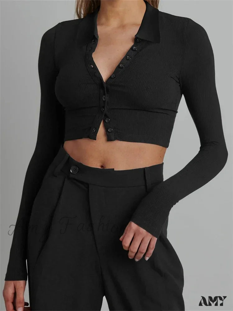 Weekend Bargains to Grab Amy Fashion - Solid Color Long Sleeve Basic Cropped Ribbed T-shirts