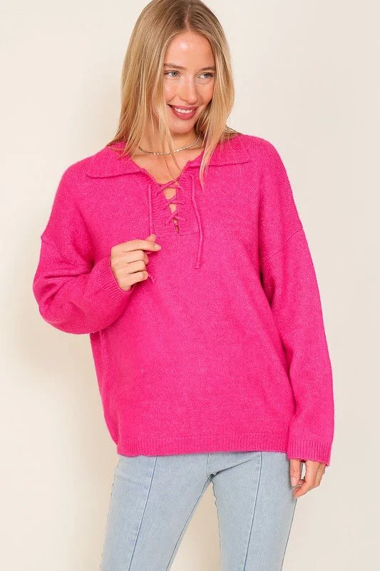 Act Now Sweater Top with V-Shape Criss Cross Tie Neck