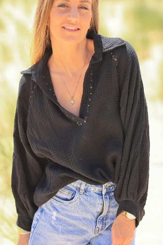 Online Specials Tunique noire en gaze de coton col et manches raglan fils multicolores