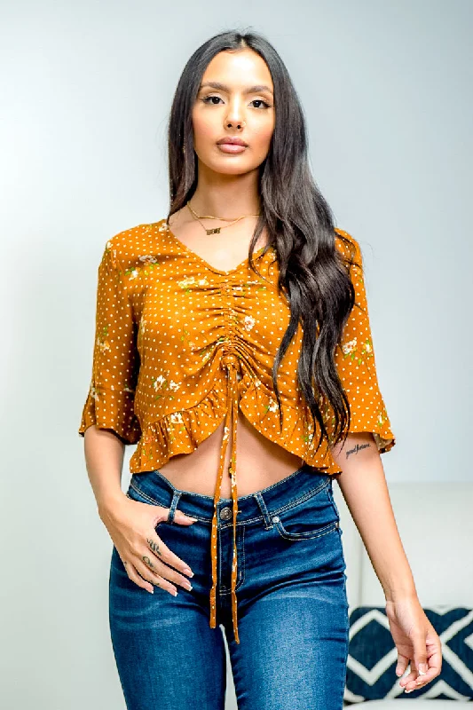 Can't Be Beat Polka Dots and Floral Print Short Sleeve Crop  Top (EM4737)