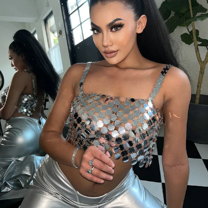 Super Sale SHIHAN T20397 Mesh Metal Women Top Cropped Top Summer Wear Glitter Sequin Backless Halter Crop Tops Festival Clothing
