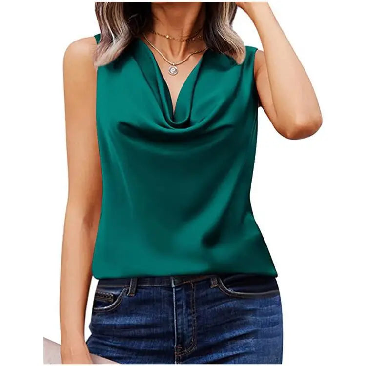 Deal Frenzy 2024 New Summer Satin Crew Neck Vest Casual Halters Sleeveless Shirt  Solid Color Loose Women shirt