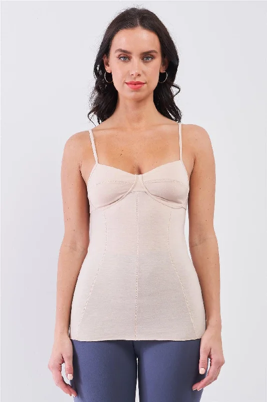 Weekend Specials to Love Nude Sleeveless V-Neck Stitching Detail Basic Cami Top