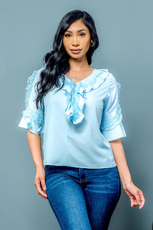 Daily Specials Ruffle Bell V-Neck With Lace Detail In The Front Top (T439)