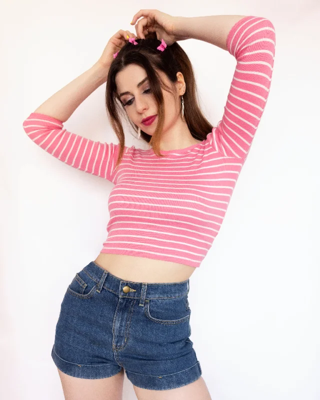 Blowout Sale Striped Quarter Sleeve Top Pink