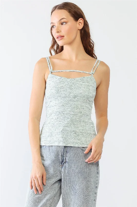 Massive Deals Cream & Green Scoop Neck Printed Ribbed Strappy Top