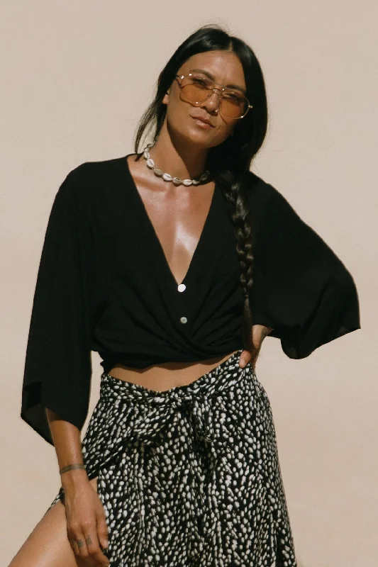 Act Now FRONT-TIE KIMONO TOP-Black