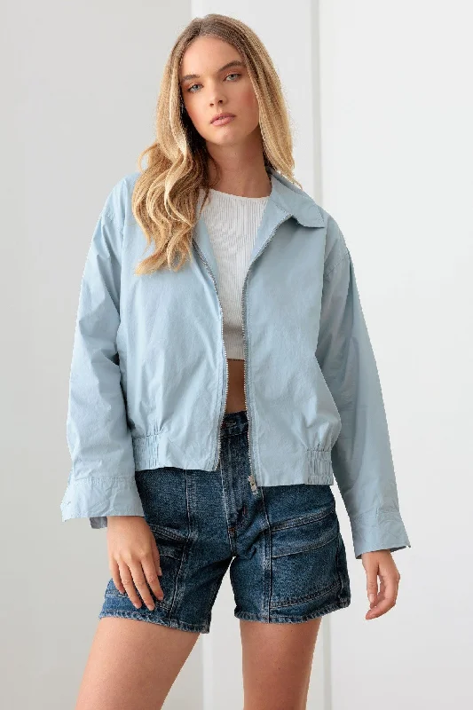 Weekend Discounts to Enjoy Baby Blue 100% Cotton Zip Up Collared Boxy Jacket