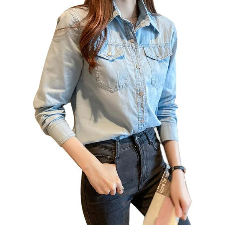 Weekend Savings Extravaganza Women's Denim Shirt,Custom Autumn Slim Blue Denim Shirts for Women Casual Plain Long Sleeve Jean Shirt Weekend Savings Extravaganza Women's Denim Shirt,Custom Autumn Slim Blue Denim Shirts for Women Casual Plain Long Sleeve Jean Shirt