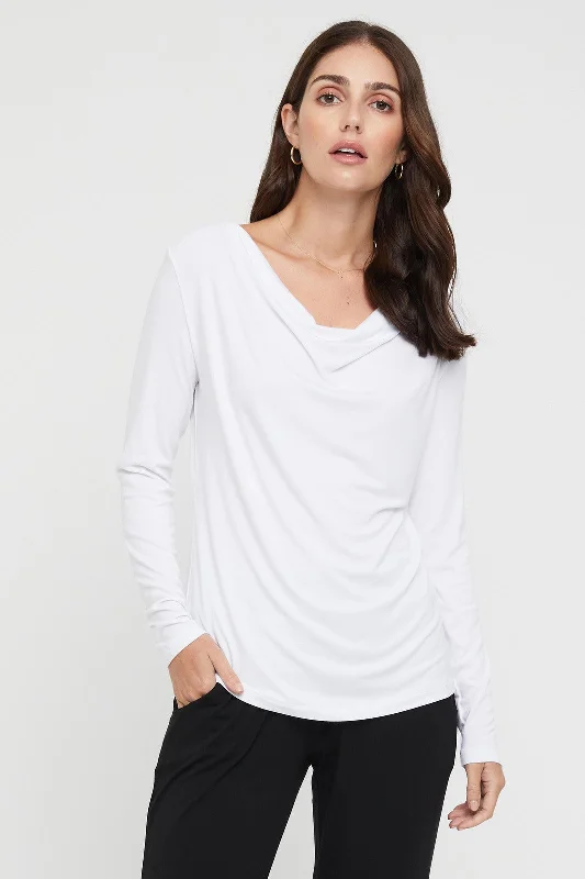 Deep Discounts Long Sleeve Cowl Neck Top - White