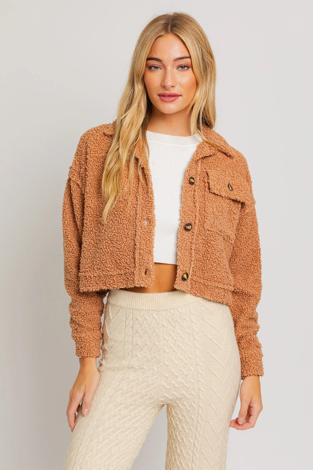 Exclusive Weekend Offers Inside Single Pocket Collared Fuzzy Textured Shacket