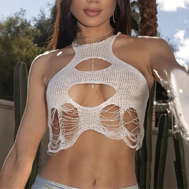 Take Advantage Asymmetric Sleeveless Round Neck Sexy Hollow Crop Tops Wholesale Women'S Top