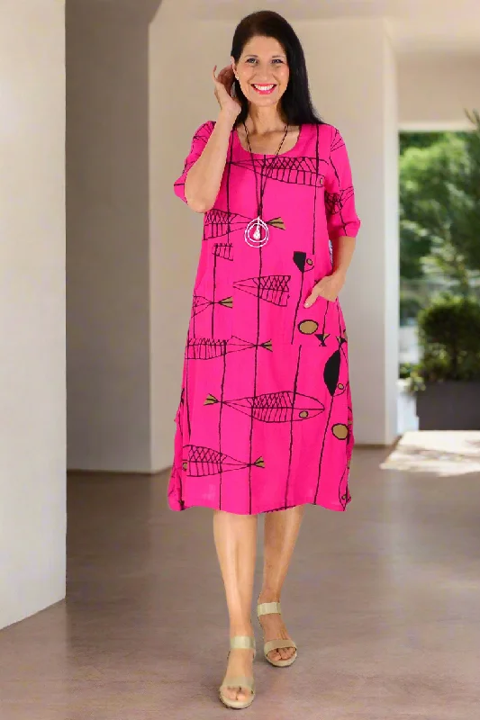 Big Discounts Hot Pink Linen Cotton Print Tunic Dress