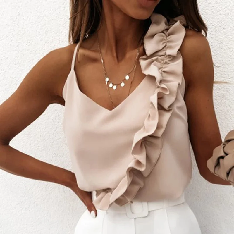 The Best Prices Women Summer Blouse Shirts Sexy V Neck Ruffle Blouses Backless Spaghetti Strap Office Ladies Sleeveless Casual Tops