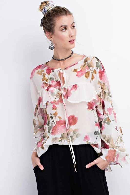 Weekend Specials to Cherish Floral Sheer Chiffon Top W/ Ruffle