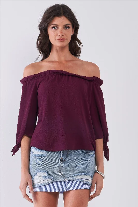 Midnight Madness Wine Off-The-Shoulder Midi Sleeve With Self-Tie Detail Top
