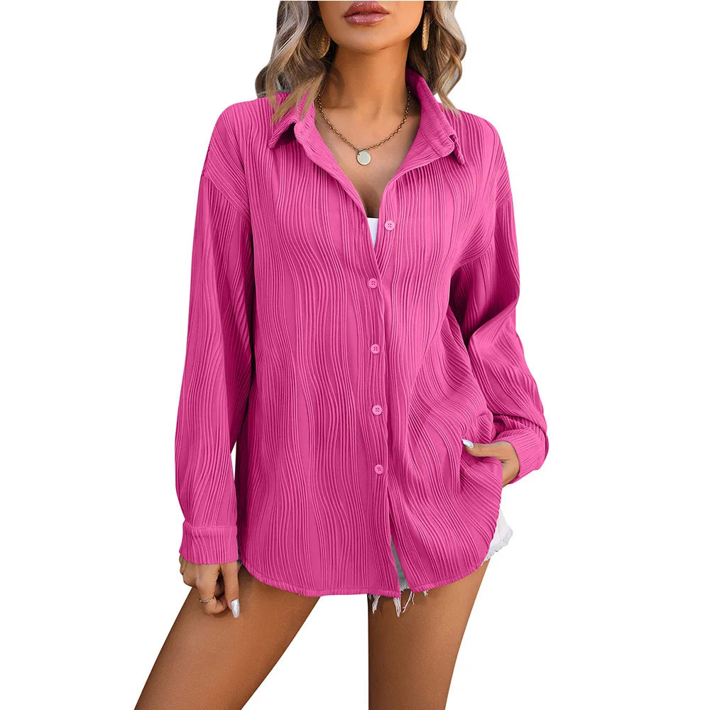 Special Buy Spring Summer New Wavy Texture Loose Fashion Shirt Ladies Office Casual Lapel Long Sleeves Shirt
