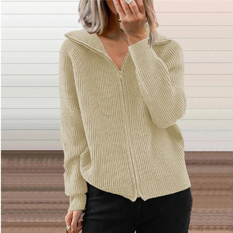 Super Deal Loose Long Sleeve Lapel Knit Zipper Cardigan Wholesale Womens Clothing