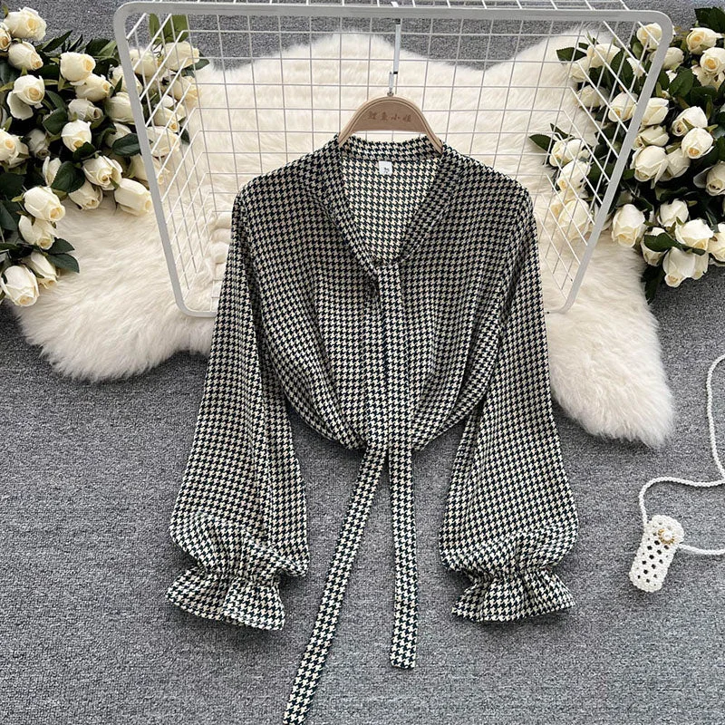 Exclusive Preview Chic Houndstooth Bandage Bow Neck Blouse Lady Elegant Long Sleeve Office Shirts Tops For Women Top Fashionable