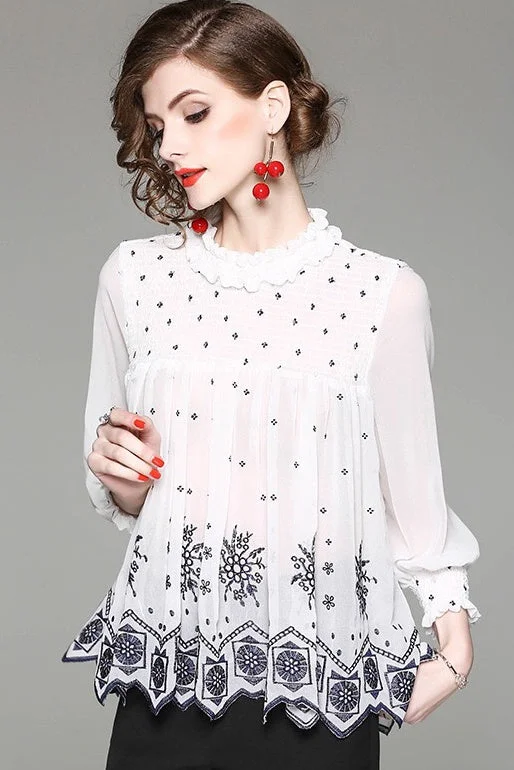 Weekend Discounts to Relish Pleated Chiffon Top W/ Embroidery