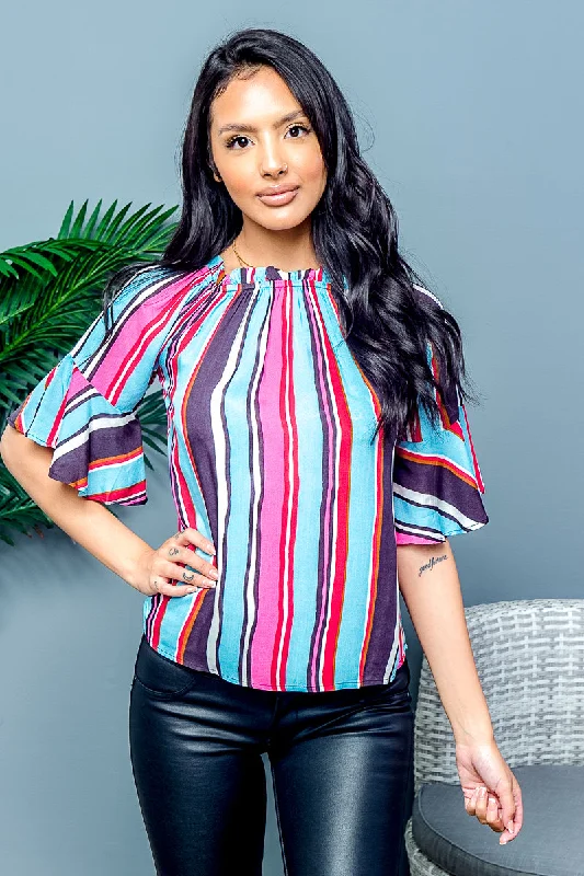 Take Advantage Multy Stripe Wide Bell Sleeve Off Shoulder Elastic Neckline Top (XT9083)