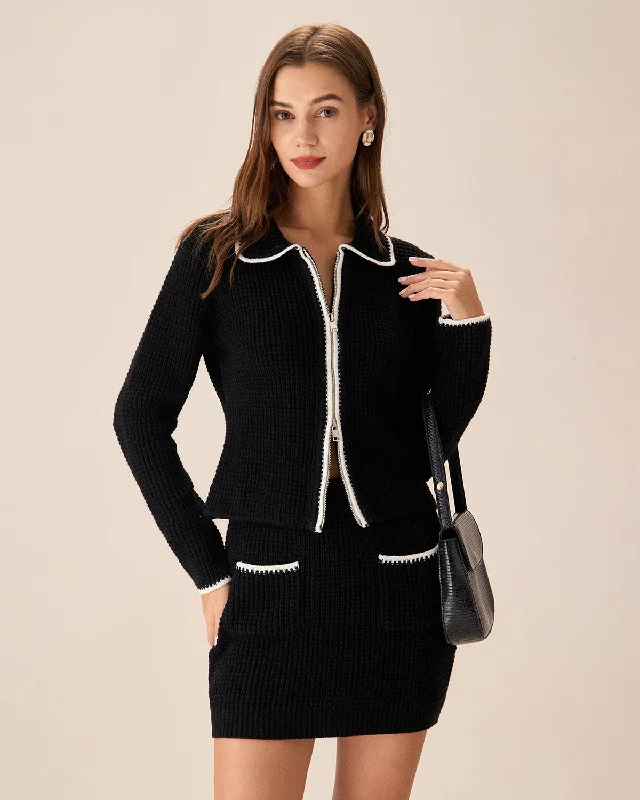 Season Finale Sale Black Contrasting Slim Zipper Cardigan
