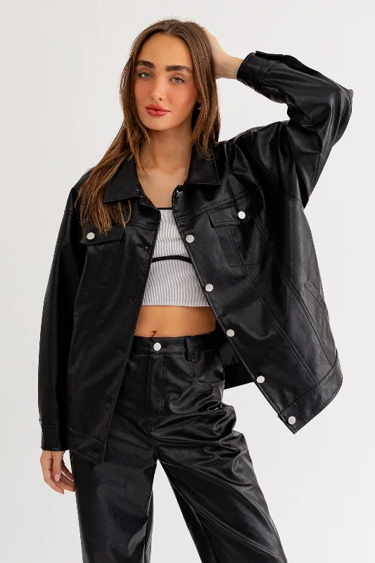 Act Fast Oversized Vegan Leather Button-Up Jacket