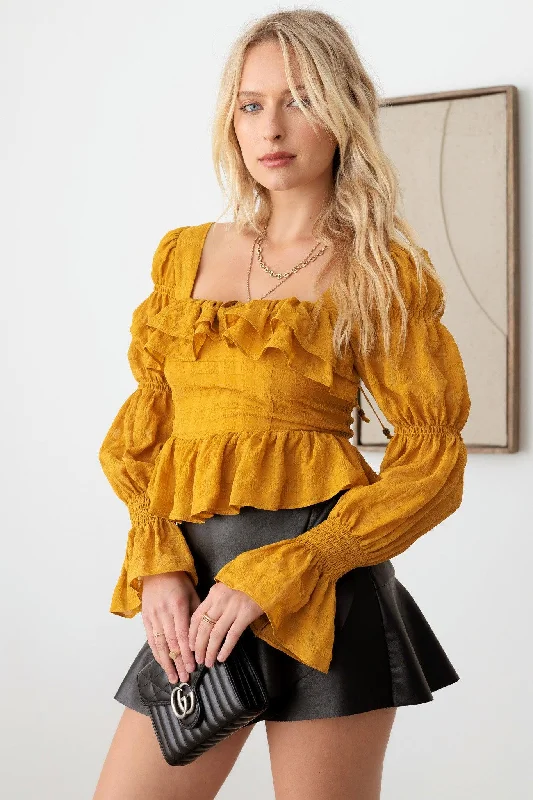 Buy Today Boho Shirred Smocked Peplum Long Sleeve Top