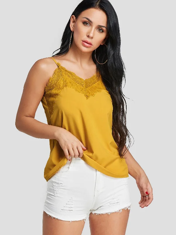 Discount Days Custom V-Neck Lace Sleeveless Yellow Camis