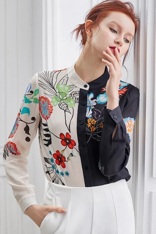 Price Slash Floral Print Contrast Silk Blouse