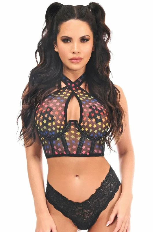 Discount Deals Sexy Rainbow Stars Mesh Underwire Cincher with Built In Halter Top