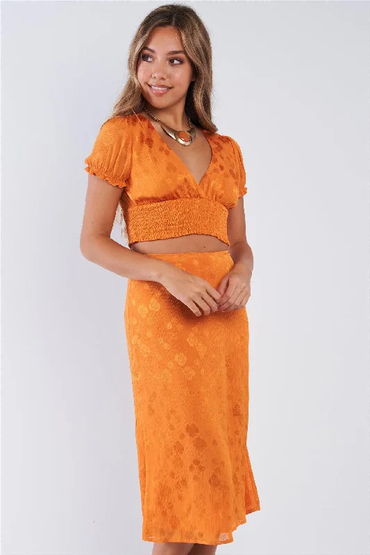 Savings Event Burnt Orange Plunge V-neck Puff Sleeve Elastic Waist Crop Top