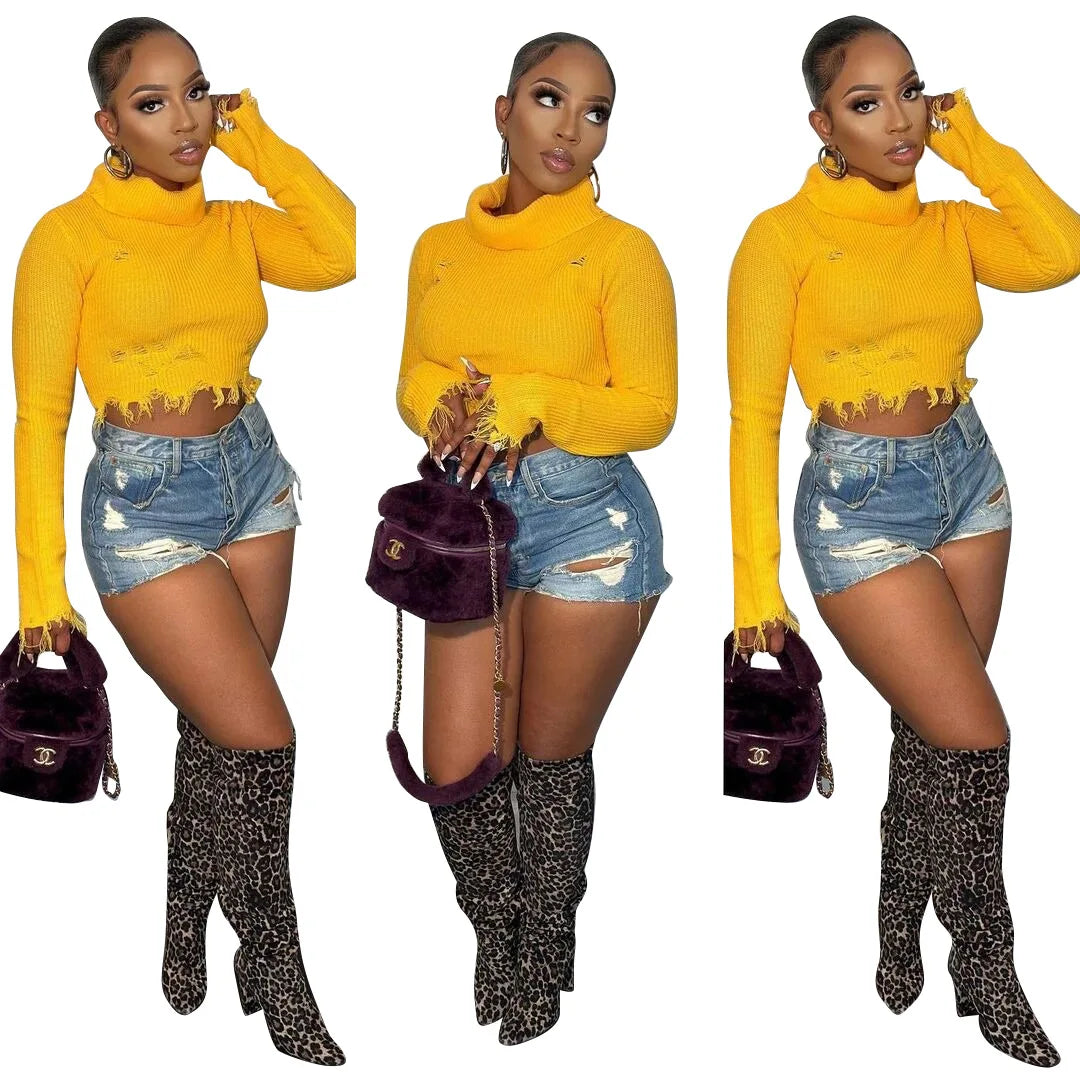 Limited Quantity Women Turtleneck Sweater Ladies Fashionable Sweater Tops with Solid Tassel Trendy Pullover Knitted Sweater for Women