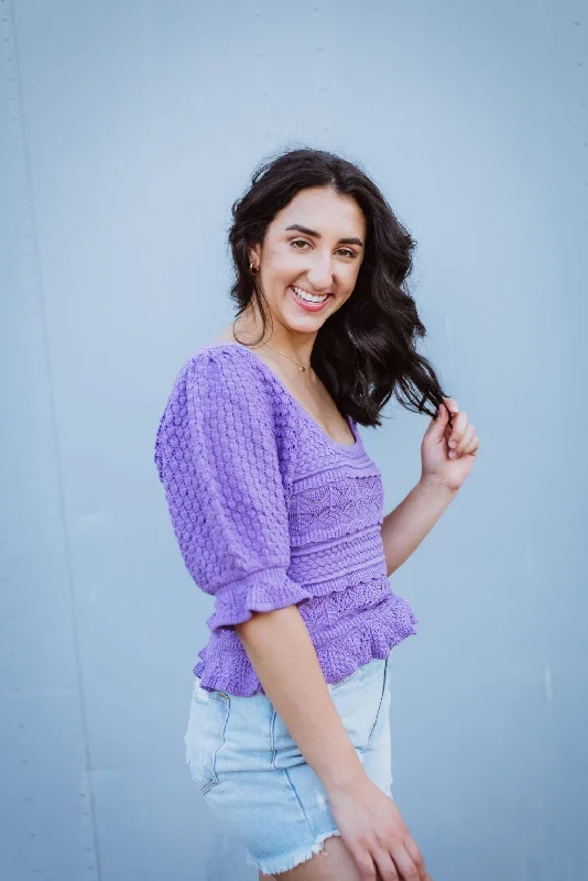 Mega Deal Purple Crochet Puff Sleeve Top