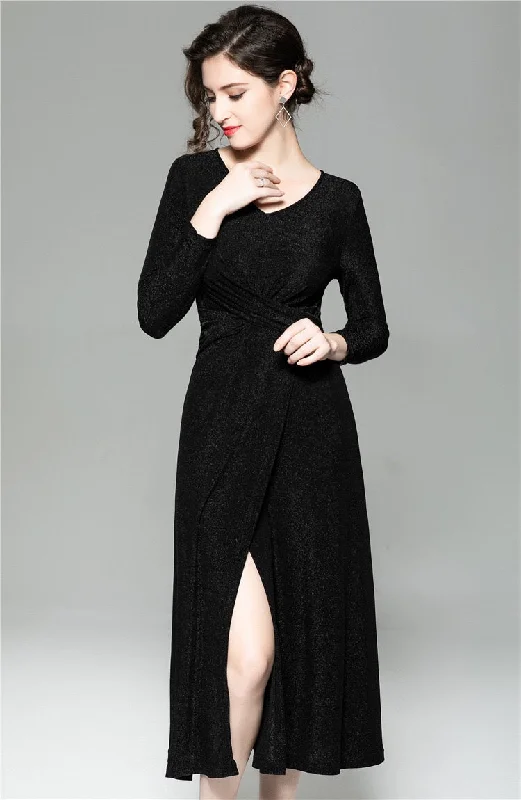 Grand Opening Sale Shiny Knit Dress W/ Hem Slit