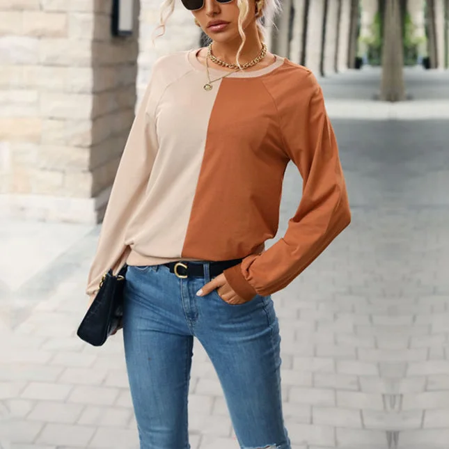 Exclusive Deal Splicing Long Sleeve Round Neck Casual Base Layer Pullover Top Wholesale Women Top