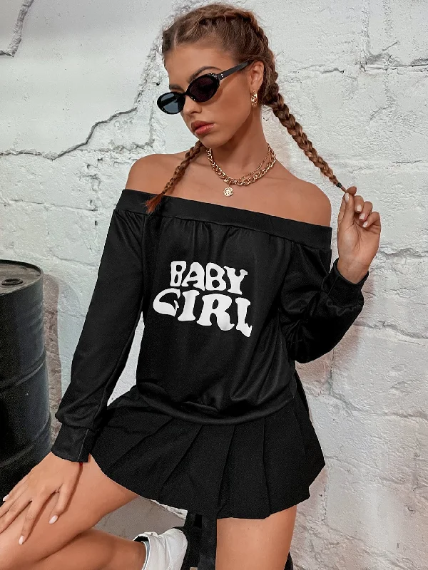 Great Deal Casual Letter Long Sleeve Off The Shoulder Regular Women Sweatshirt