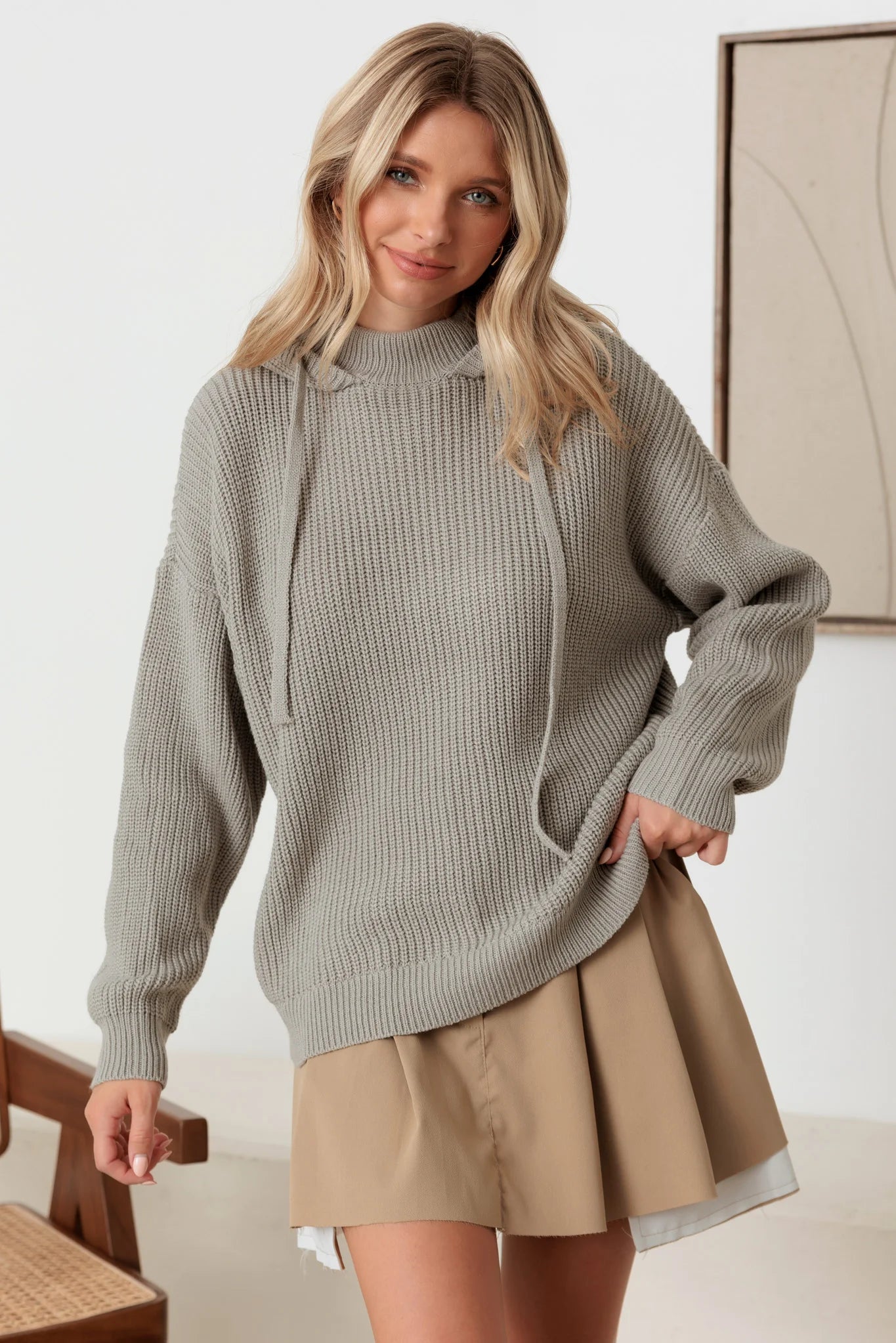 Take Advantage Hooded Long Sleeve Drawstring Relaxed Knit Sweater