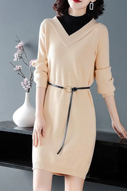 Get It Before It’s Gone Nude Sweater Dress W/ Black Neck