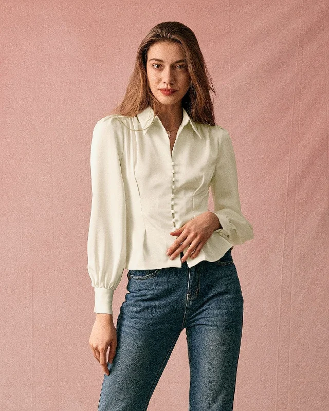 Weekend Offers That Dazzle The Solid Collared Puff Sleeve Satin Blouse