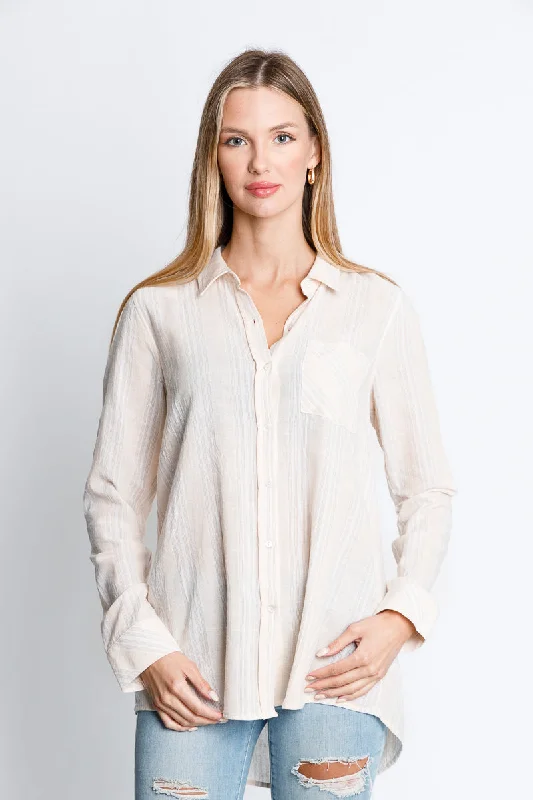 Referral Discount Longs Sleeve Button Down Striped Top In Cream* (15829)