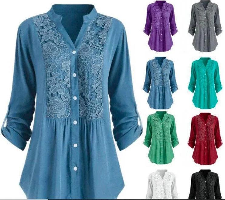 Final Clearance New Blouse European And American Women's Long Sleeves V Collar Shirt large Size lace Shirt Women's Blouses With Collars