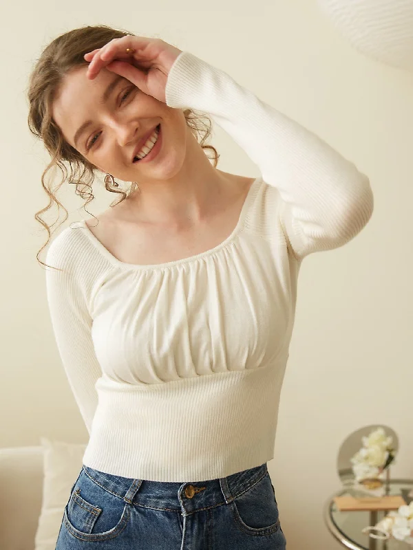 Deal Dash Elegant Plain Rib-Knit Long Sleeve Square Neck Regular Women Sweater