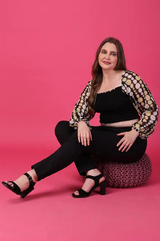 Amazing Value Black Smocked Top with Dots Printed Sleeves