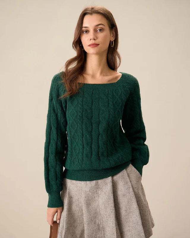 Low Prices Green Romance Cable Knit Crew Sweater