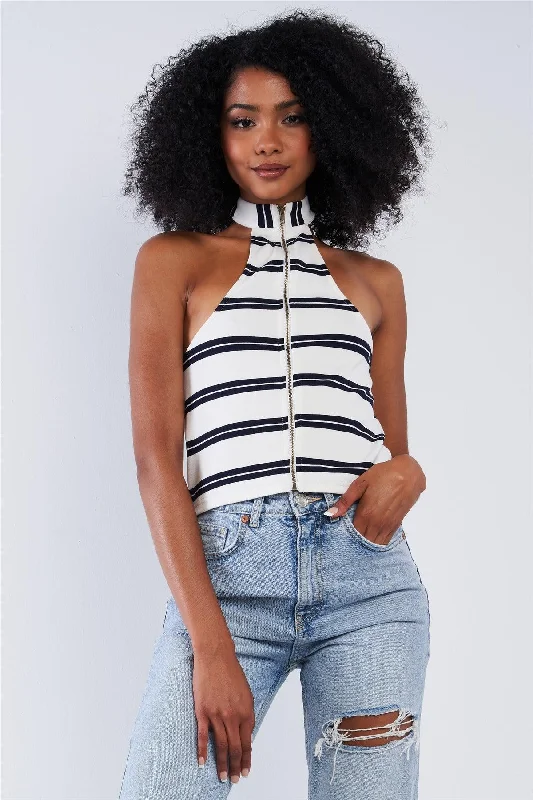Seasonal Clearance White And Navy Horizontal Double Stripe Sleeveless Loop Neckline Front Zipper Cropped Top Seasonal Clearance White And Navy Horizontal Double Stripe Sleeveless Loop Neckline Front Zipper Cropped Top