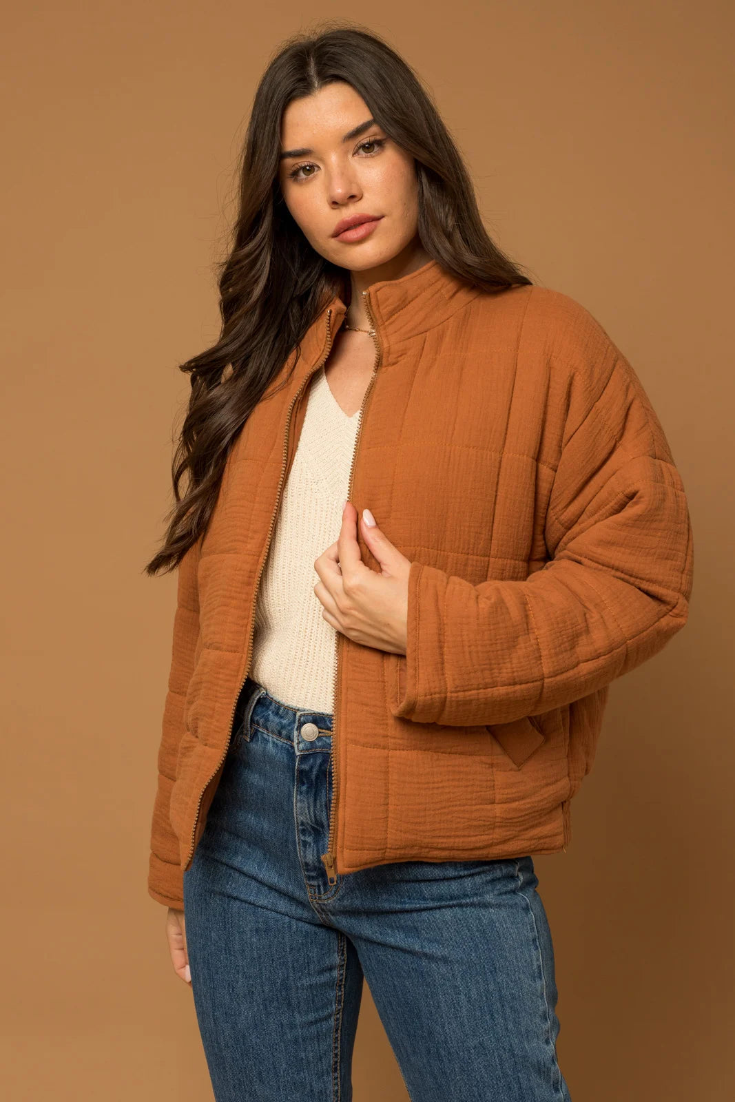 Super Discount Boho Style Front Zipper Quilted Jacket