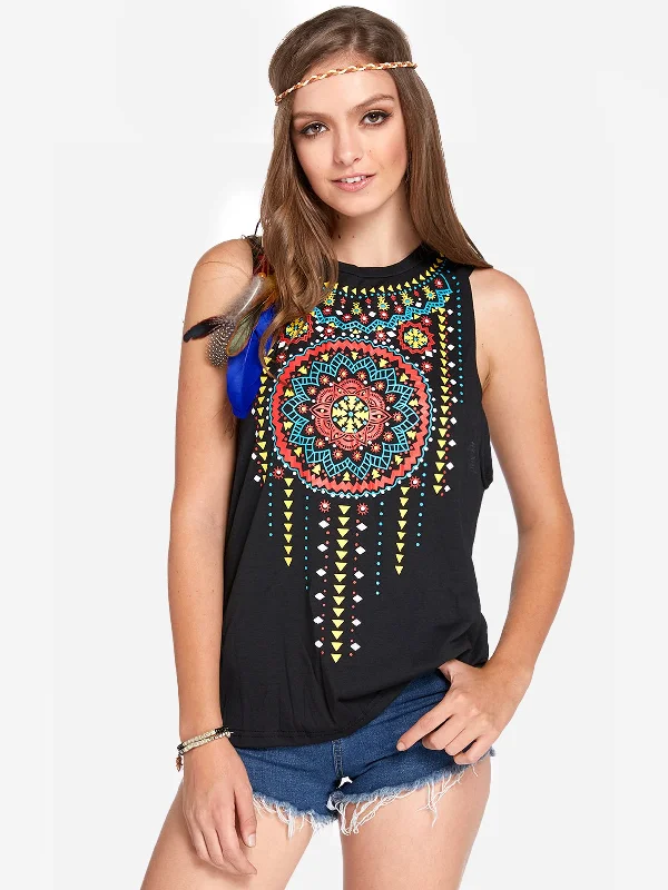 Overstock OEM ODM Crew Neck Floral Print Sleeveless Black Tank Top