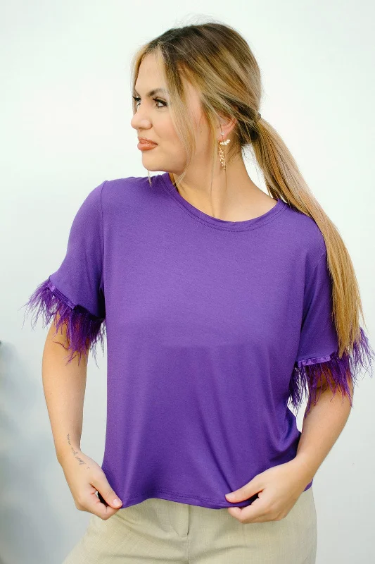 New Arrival Purple Feather Sleeve Tee