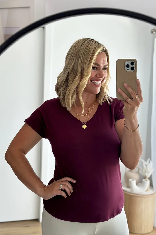 Time-Limited Offer Belle V Neck Tee - Burgundy